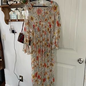 Wildfox Long Sleeve Floral Dress - Cream and Orange